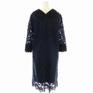 Diagram GRACE CONTINENTAL スター刺繍カラーレースワンピース 膝丈 八分袖 コットン 36 紺 ネイビー 黒 ブラック