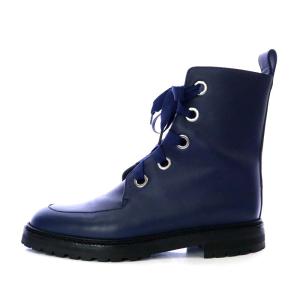 MANOLO BLAHNIK STAYA ブーツ ショート ローヒール レースアップ レザー 38 25cm ネイビー