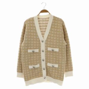 23SS ツイードチェック ニット カーディガン 長袖 Vネック 36 ベージュ 白 ホワイト