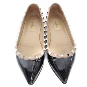 VALENTINO フラットシューズ エナメル ロックスタッズ ポインテッドトゥ 36.5 23.5cm 黒 ブラック べージュ