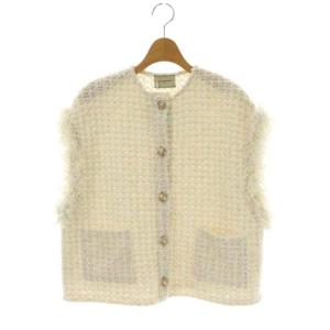 ラメ糸ツイードニットベスト クルーネック 金ボタン F オフホワイト