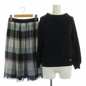 セットアップ 上下 ニットプルオーバー セーター 七分袖 フレアスカート ひざ丈 リバーシブル チェック 38 紺 ネイビー