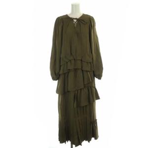 矢野未希子コラボ フリル プリーツ ワンピース ロング 長袖 スリット ティアード F カーキ