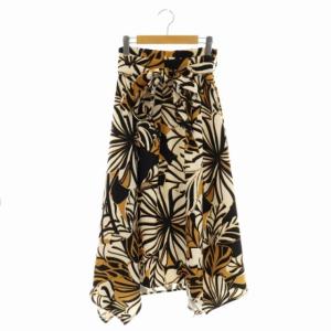 リーフ柄イレギュラーヘムスカート フレア ロング タック リボンベルト付き 38 アイボリー キャメル 黒 ブラック