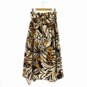 Grace Class リーフ柄イレギュラーヘムスカート フレア ロング タック リボンベルト付き 38 アイボリー キャメル 黒 ブラック