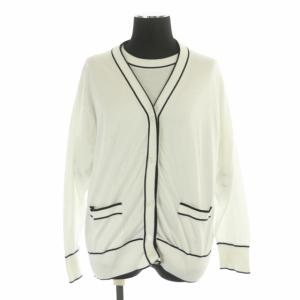 コットンバイカラーニットアンサンブル カーディガン カットソー クルーネック 半袖 長袖 M 白 ホワイト 黒 ブラック