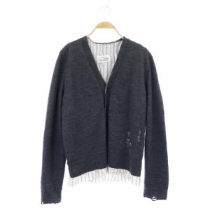 14 21AW ダメージ加工 レイヤード カーディガン ニット Vネック 長袖 S チャコール