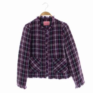 kate spade new york Plaid tweed jacket ツイードジャケット チェック ノーカラー ショート 薄手 フリンジ ウール混 2 紫