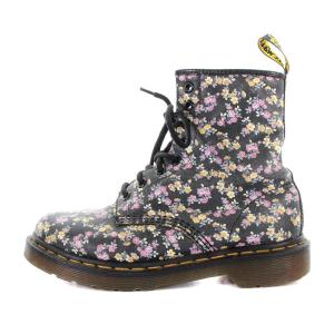 Dr.Martens ショートブーツ 8ホール 花柄 レザー UK4 23cm 黒 ブラック ピンク 黄 イエロー 11821