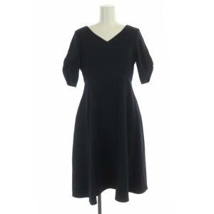 ANAYI Vネックフレアワンピース 半袖 ギャザースリーブ 膝丈 36 紺 ネイビー