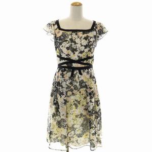 花柄ワンピース 膝丈 フレア フレンチスリーブ スクエアネック 総柄 0 マルチカラー