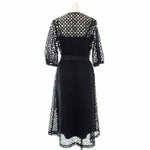 Grace Class カットワークワンピース 五分袖 フレア ロング 比翼仕立て ノーカラー ベルトリボン 36 黒 ブラック