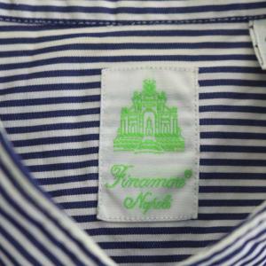 Finamore ノーカラーシャツ 長袖 ストライプ 40 青 ブルー 白 ホワイト