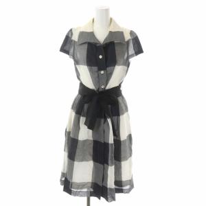 フレンチスリーブシャツワンピース 膝丈 チェック ベルトリボン 38 黒 グレー オフホワイト