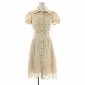 バルーン袖フラワーシャツフレアワンピース ロング タック 刺繍 半袖 38 イエローベージュ