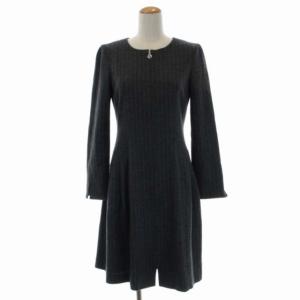 ストライプジップアップワンピース 膝丈 フレア 長袖 クルーネック タック ウール 38 チャコールグレー ライトグレー
