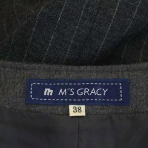 M'S GRACY ストライプジップアップワンピース 膝丈 フレア 長袖 クルーネック タック ウール 38 チャコールグレー ライトグレー