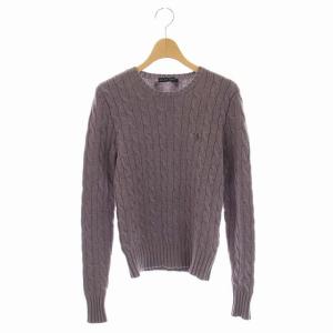 ウールカシミヤロゴ刺繍長袖ニット セーター ケーブル クルーネック プルオーバー L 紫 パープル