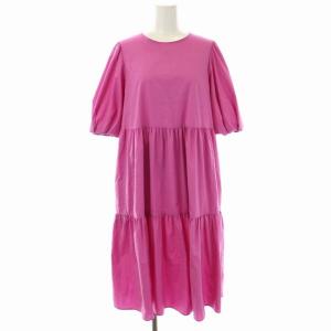 22年製 ティアードミドルワンピース 半袖 ボリュームスリーブ フレア フィッシュテール 膝丈 クルーネック ピンク