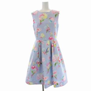 花柄小鳥ワンピース 膝丈 フレア タック 総柄 ノースリーブ 0 ライトブルー マルチカラー