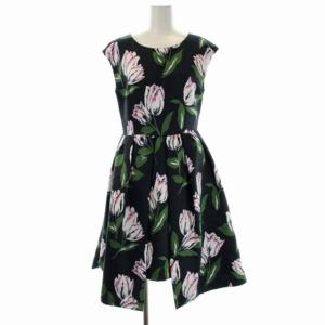 花柄ワンピース 膝丈 フレア タック ノースリーブ 総柄 0 濃紺 ダークネイビー マルチカラー