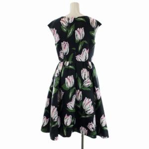 Chesty 花柄ワンピース 膝丈 フレア タック ノースリーブ 総柄 0 濃紺 ダークネイビー マルチカラー