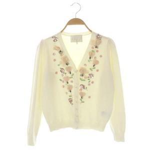 花 ビーズ 刺繍 ニット カーディガン Vネック 長袖 パールボタン F 白 ホワイト