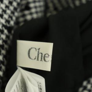 Chesty クラシカルドットワンピース ドッキングワンピース フレア 千鳥格子 ミモレ丈 ロング 長袖 パール装飾 1 黒 白 ブラック