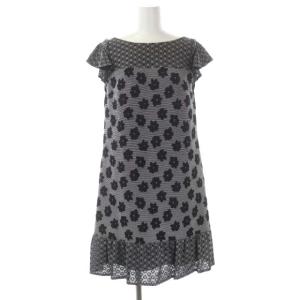 花 膨れジャガード ワンピース ミニ フレンチスリーブ XS 黒 白 ブラック ホワイト