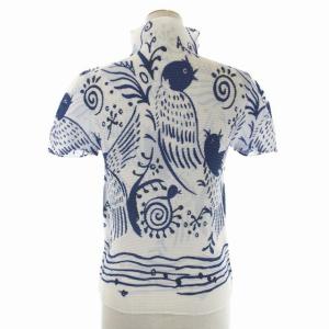 me ISSEY MIYAKE BIRD ワッフルプリーツハイネックカットソー 半袖 総柄 オフホワイト ブルー ネイビー