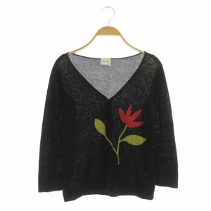 チューリップデザインニットカーディガン Vネック 七分袖 M 黒 ブラック 赤 レッド 緑 グリーン