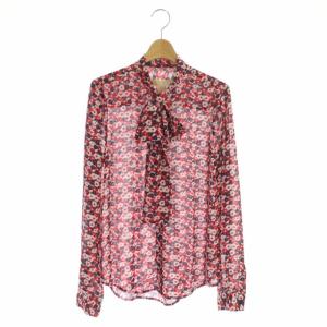 花柄 ボウタイ シャツ ブラウス 長袖 S 赤 紺 白 レッド ネイビー ホワイト