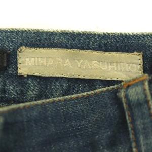 MIHARA YASUHIRO デニムパンツ USED加工 レザーパッチ ジーンズ ストレート ブルーグリーン 茶色 ブラウン