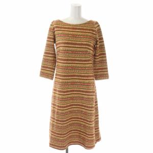 ニットジャガードワンピース ミモレ ロング 七分袖 ボートネック 総柄 M マルチカラー