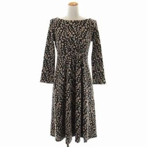 花刺繍ワンピース 膝丈 フレア 長袖 ボートネック 総柄 M 黒 ブラック ピンクベージュ ライトベージュ