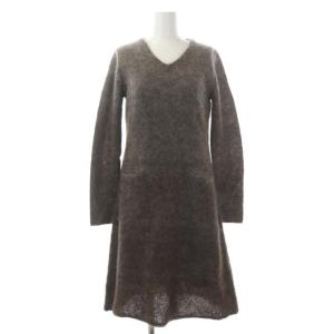 グラデーション ニット ワンピース 膝丈 長袖 モヘヤ混 M グレー ブラウン 茶