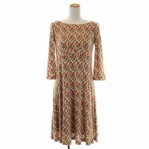 モザイクチェックワンピース 膝丈 フレア 七分袖 クルーネック 総柄 M マルチカラー