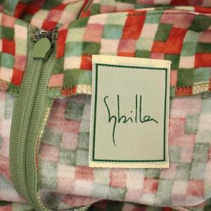 SYBILLA モザイクチェックワンピース 膝丈 フレア 七分袖 クルーネック 総柄 M マルチカラー