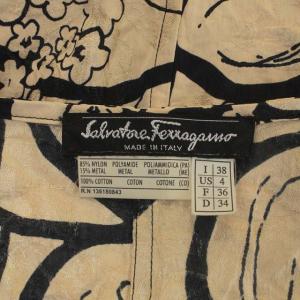 Salvatore Ferragamo ワンピース 総柄 ノースリーブ ミモレ丈 ロング フレア 前開き リボンベルト付き I38 ベージュ 黒 ブラック