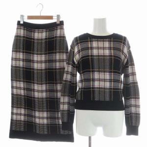 22SS セットアップ 上下 チェックニットトップ チェックニットスカート カットソー 長袖 ロング タイト 36 黒 白
