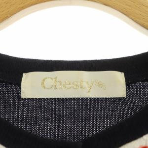 Chesty 総柄カーディガン ニット 長袖 クルーネック 丸首 切替 F 紺 ネイビー マルチカラー