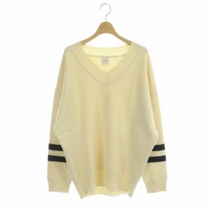 ラインVプルオーバーニット セーター Vネック 長袖 ウール混 アイボリー 黒 ブラック