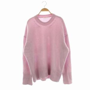 ファインウール クルーネック プルオーバー ニット チュニック丈 長袖 M ピンク