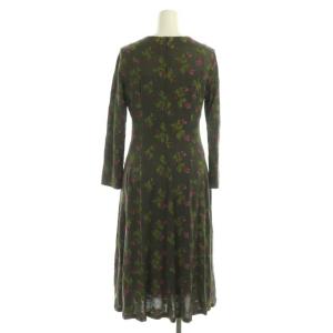 SYBILLA 長袖刺繍ワンピース ロング 長袖 タック フレア ボタニカル柄 Vネック インナー付き M 深緑 紫 ダークグリーン パープル