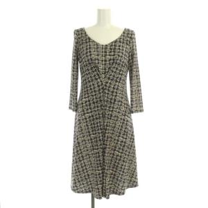 総柄ワンピース 膝丈 長袖 九分袖 フレア タック M グレー マルチカラー