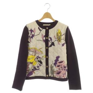 ニット カーディガン 切替 キルティング 総柄 長袖 ロゴボタン クルーネック S/P 紫 ピンク パープル