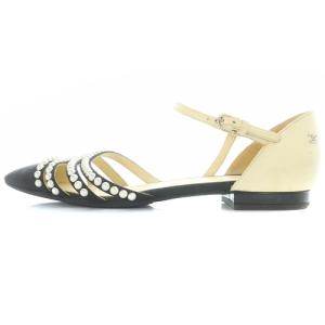 CHANEL パンプス パールフラットシューズ ストラップ レザー 37.5C アイボリー 黒