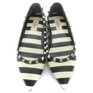 VALENTINO GARAVANI パンプス ボーダー柄 スタッズ ポインテッドトゥ レザー 37 24cm 黒 ブラック 白 ホワイト