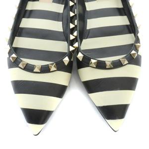 VALENTINO GARAVANI パンプス ボーダー柄 スタッズ ポインテッドトゥ レザー 37 24cm 黒 ブラック 白 ホワイト