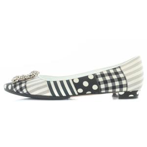 MANOLO BLAHNIK ハンギシ ファブリック ビジュー フラットシューズ パンプス 柄 24.5cm ブラック グレー